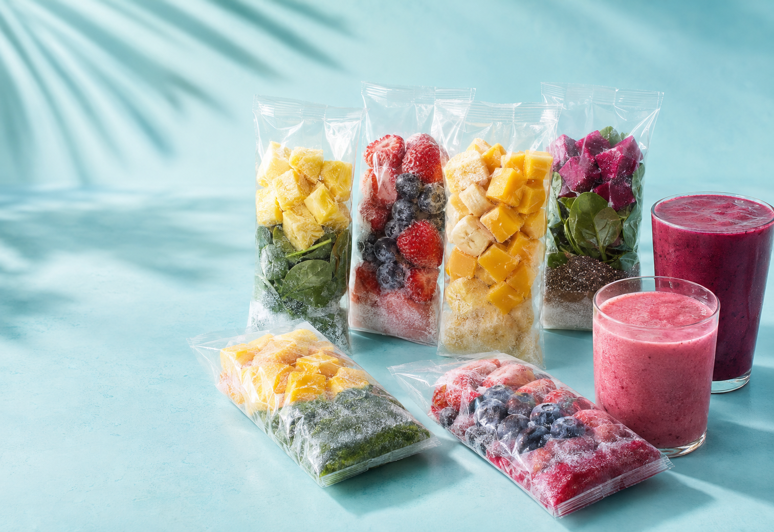 Frozen smoothie ingredient packs and colorful blended smoothies