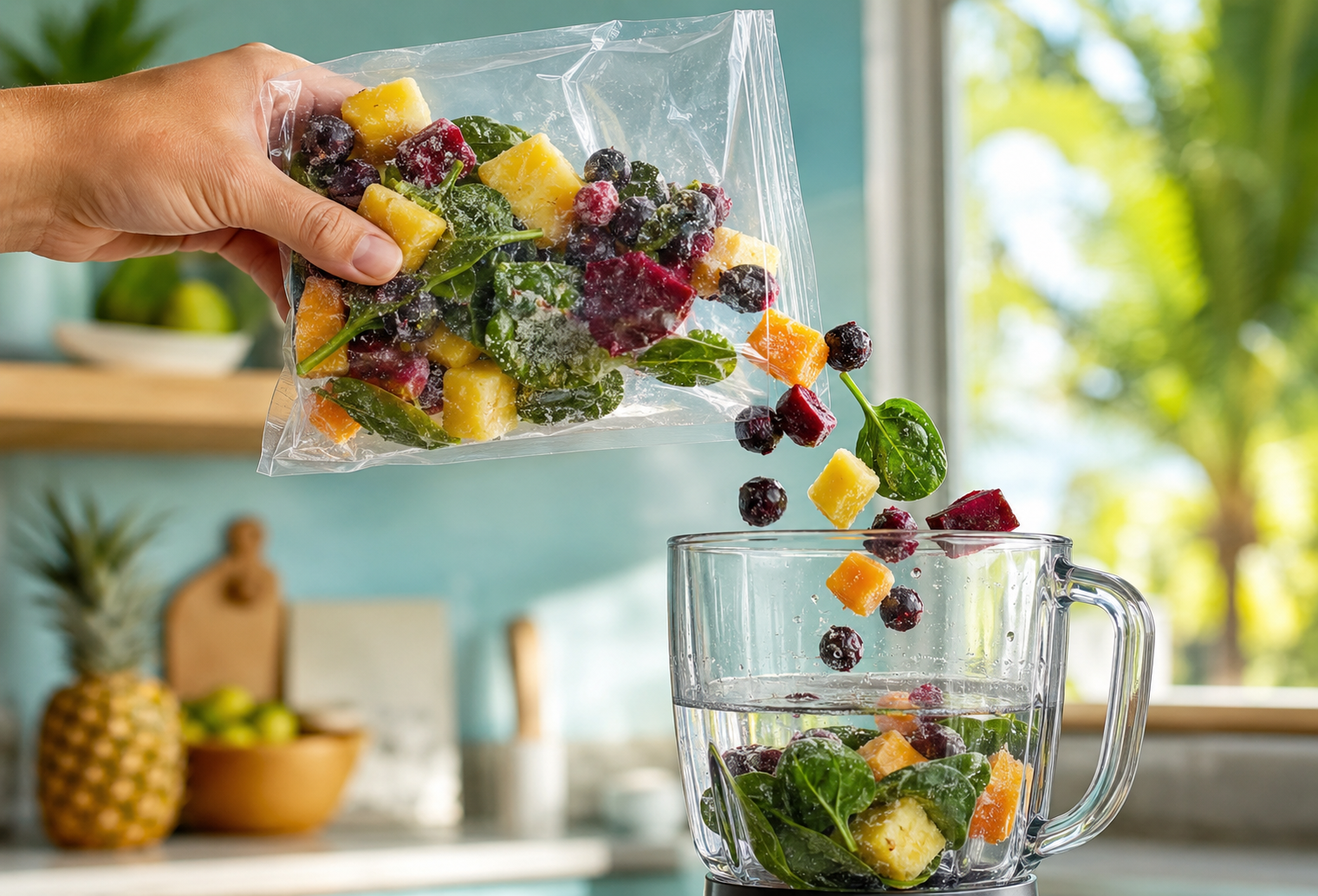 Frozen fruit and greens being poured from a pack into a blender